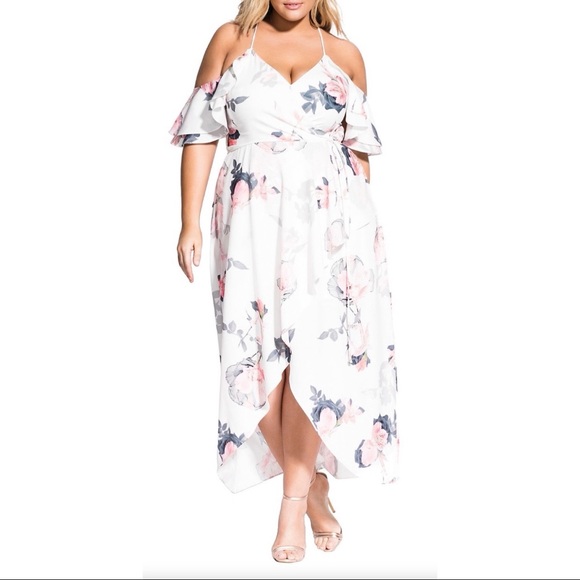 NWT City Chic White Floral Cold Shoulder Maxi Dress in Pink Lily Size 18 - Picture 3 of 10